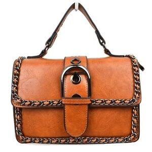 Elegant Tan Leather Chain-Trimmed Handbag